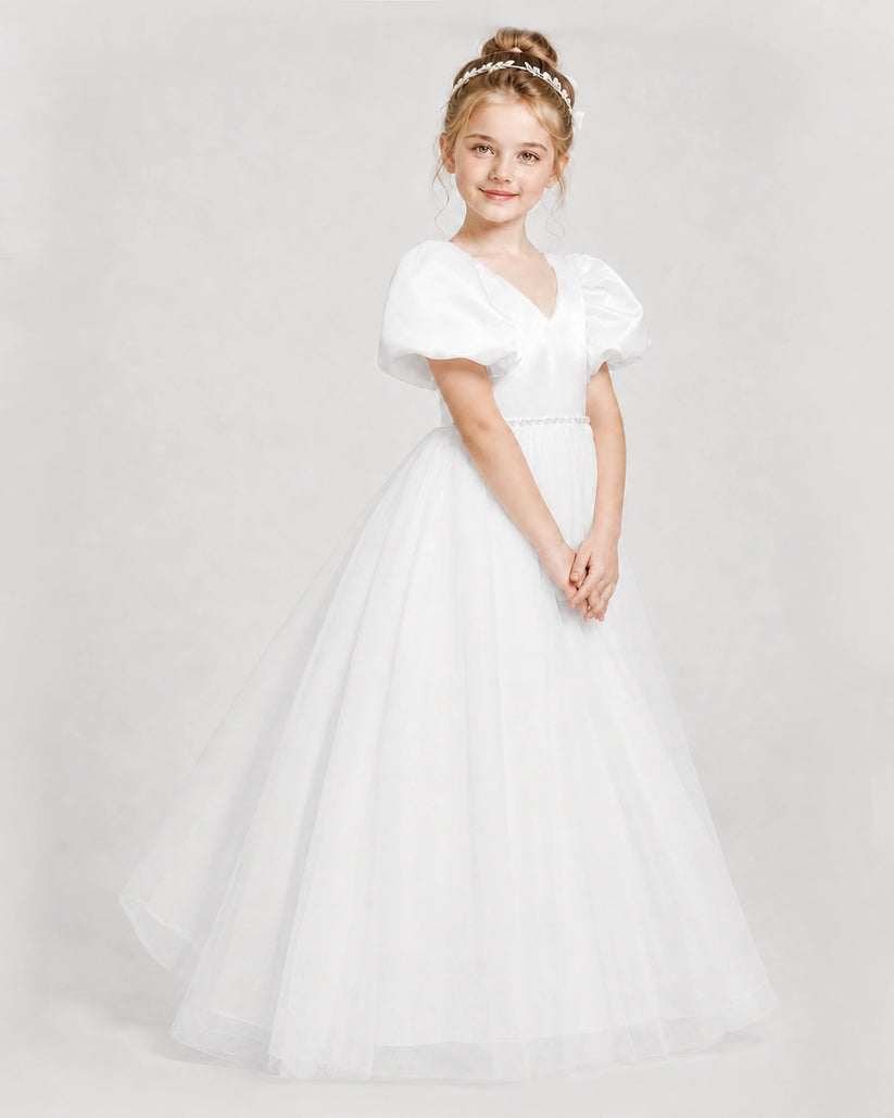 Ivory Satin and Tulle V-Neck Puff Sleeve A-Line Girls Formal Dresses Side View