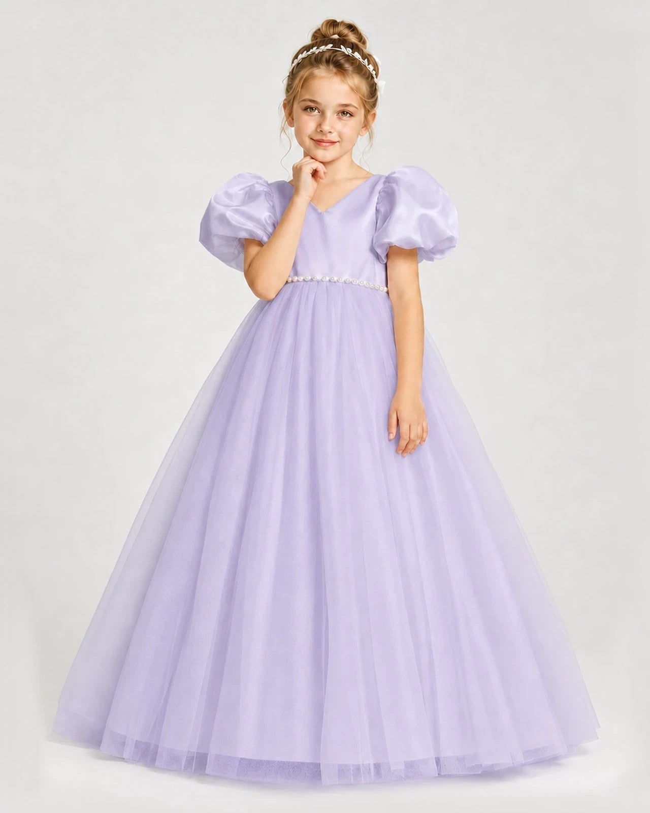 Dideyttawl V-Neck Satin Tulle Girl Formal Dress with Puff Sleeves