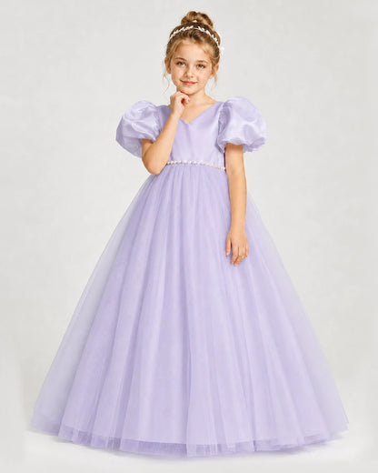 Dideyttawl V-Neck Satin Tulle Girl Formal Dress with Puff Sleeves