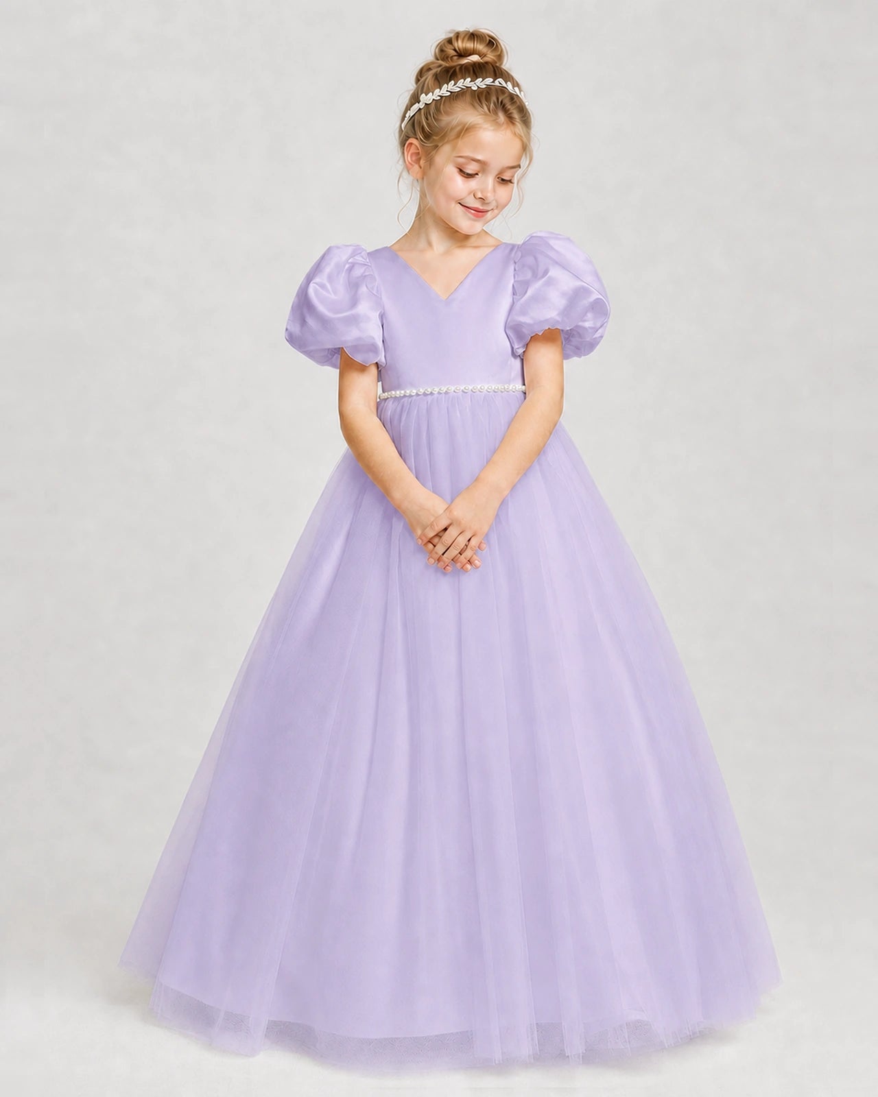 Dideyttawl V-Neck Satin Tulle Girl Formal Dress with Puff Sleeves