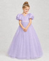 Lavender satin and tulle puff sleeve A-line girls formal dress