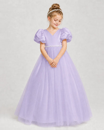 Dideyttawl V-Neck Satin Tulle Girl Formal Dress with Puff Sleeves