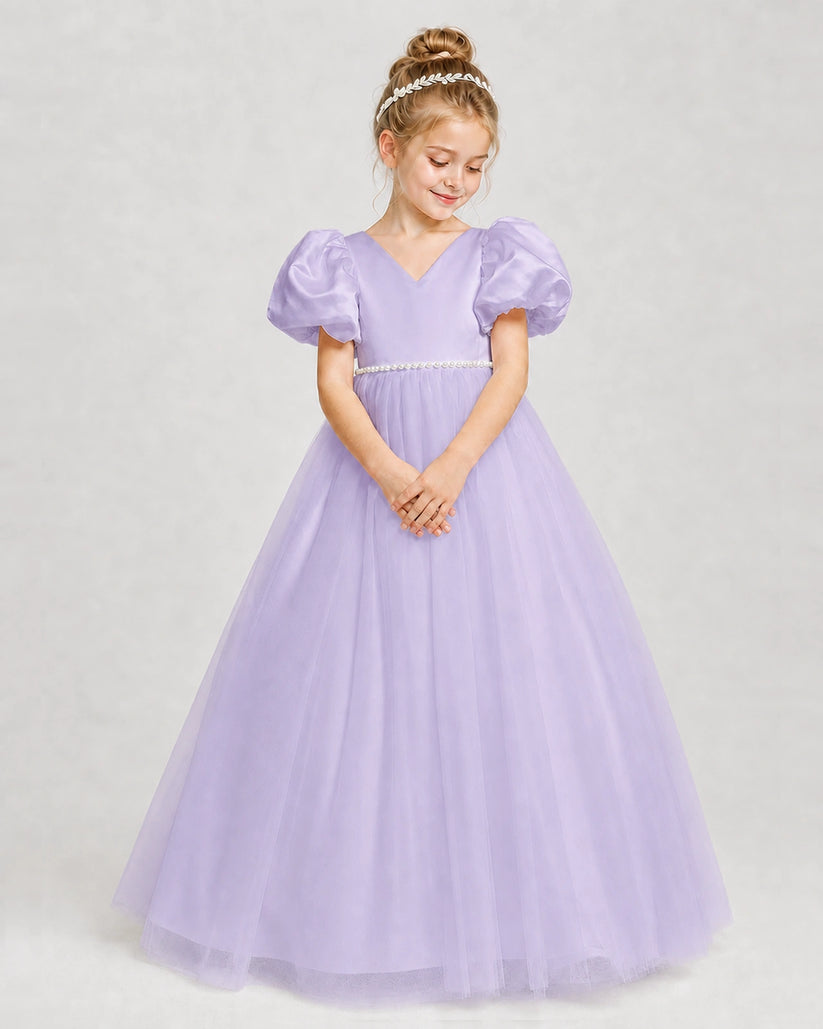 Lavender satin and tulle puff sleeve A-line girls formal dress