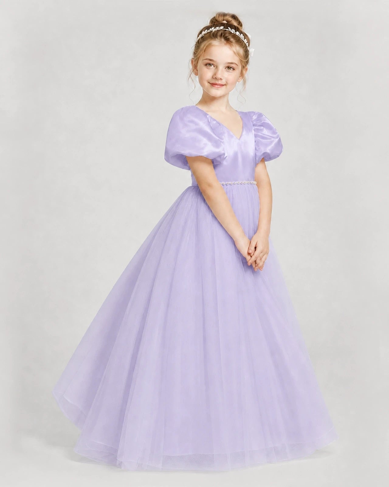 Dideyttawl V-Neck Satin Tulle Girl Formal Dress with Puff Sleeves