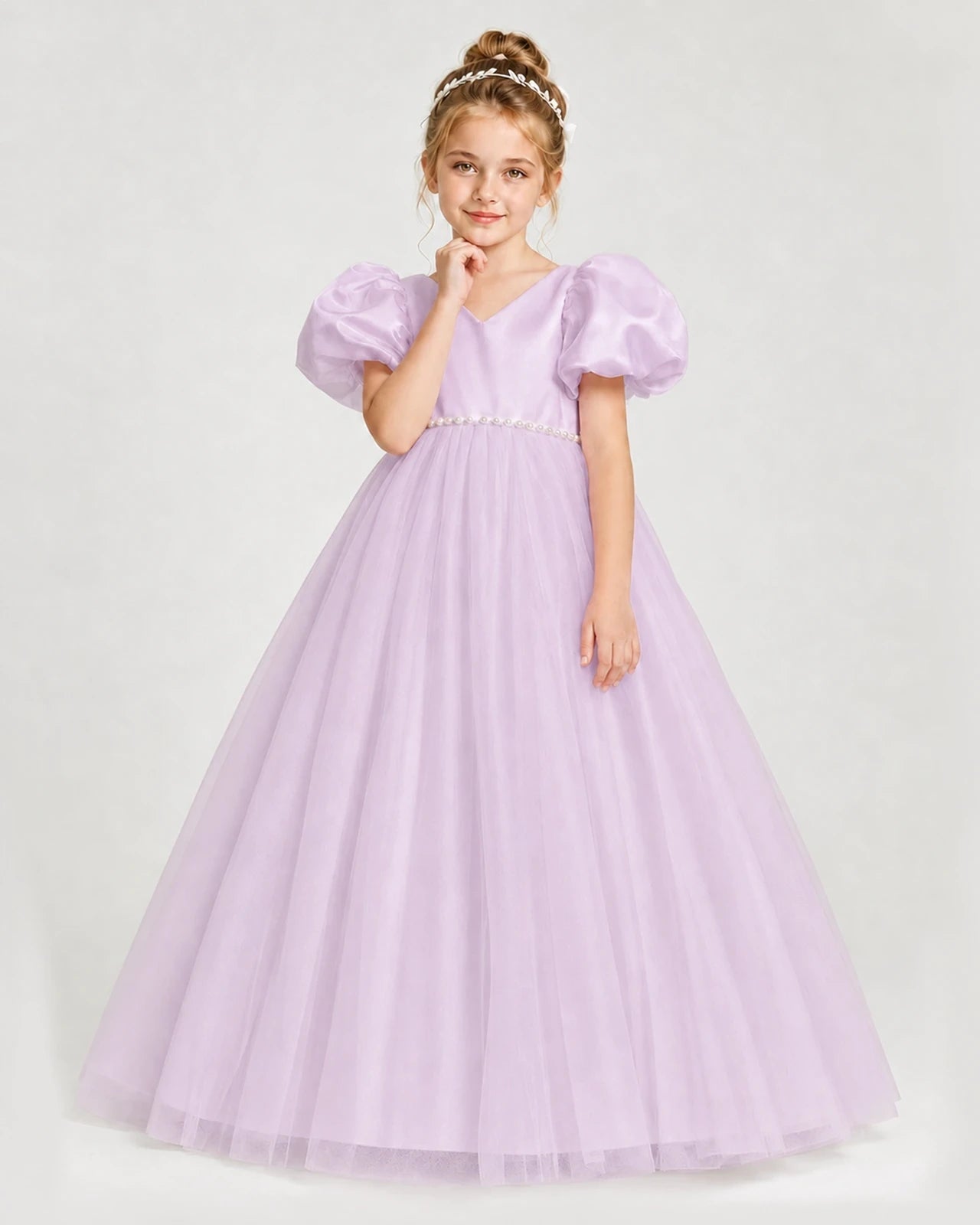 Dideyttawl V-Neck Satin Tulle Girl Formal Dress with Puff Sleeves