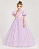 Lilac Satin and Tulle Puffed Sleeve A-Line Girls Formal Dresses Front View