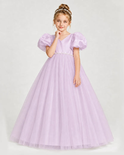 Dideyttawl V-Neck Satin Tulle Girl Formal Dress with Puff Sleeves