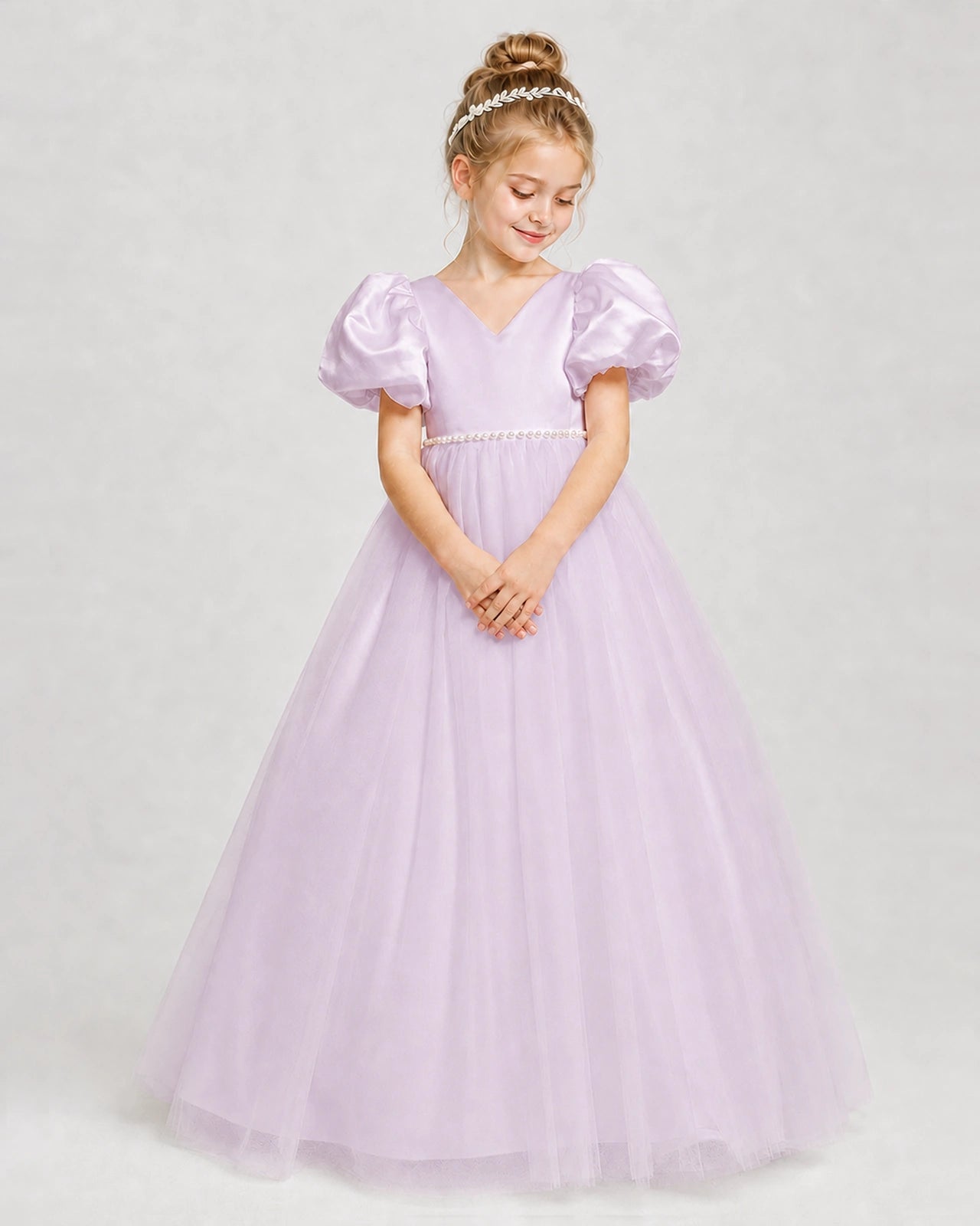 Dideyttawl V-Neck Satin Tulle Girl Formal Dress with Puff Sleeves