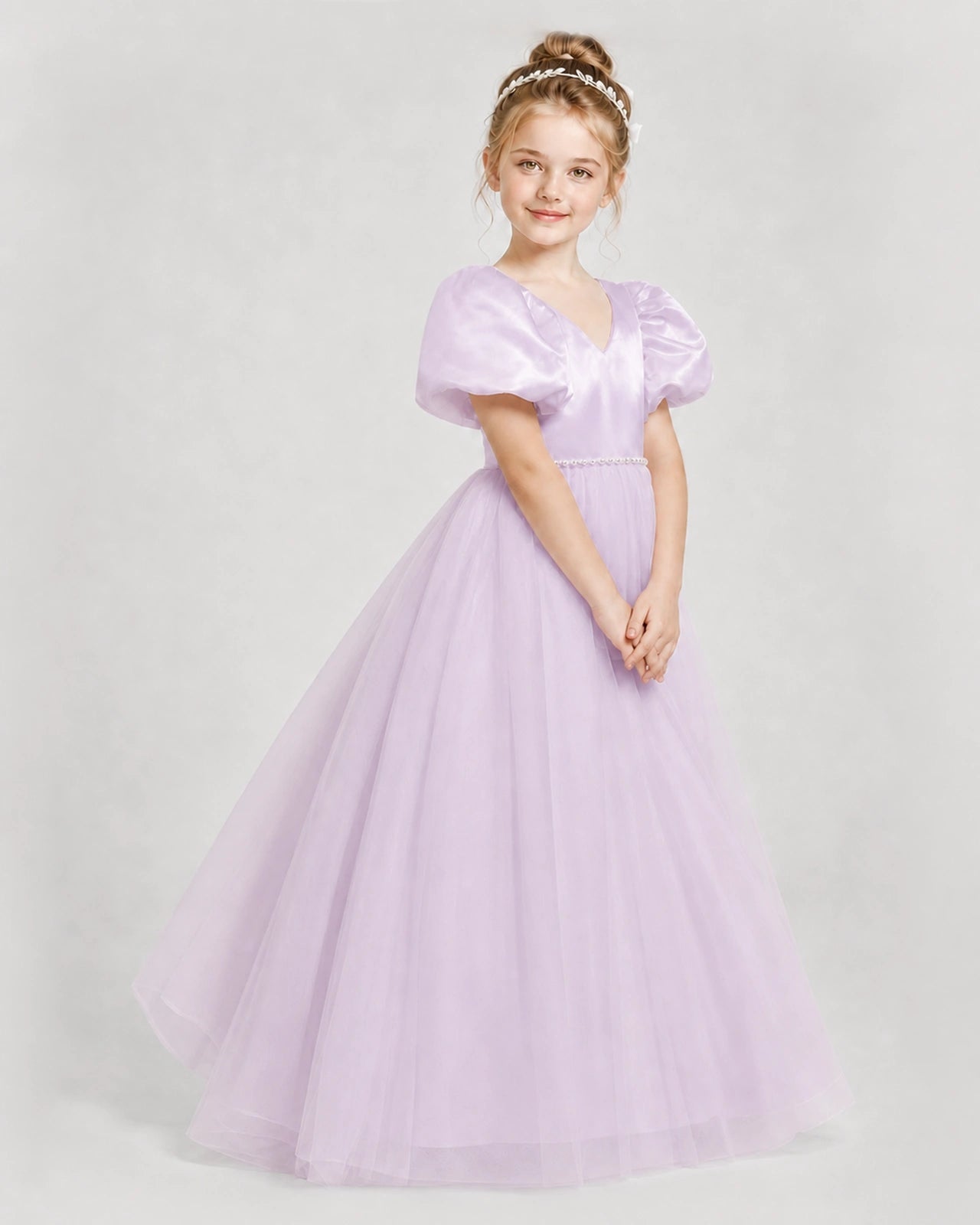 Dideyttawl V-Neck Satin Tulle Girl Formal Dress with Puff Sleeves