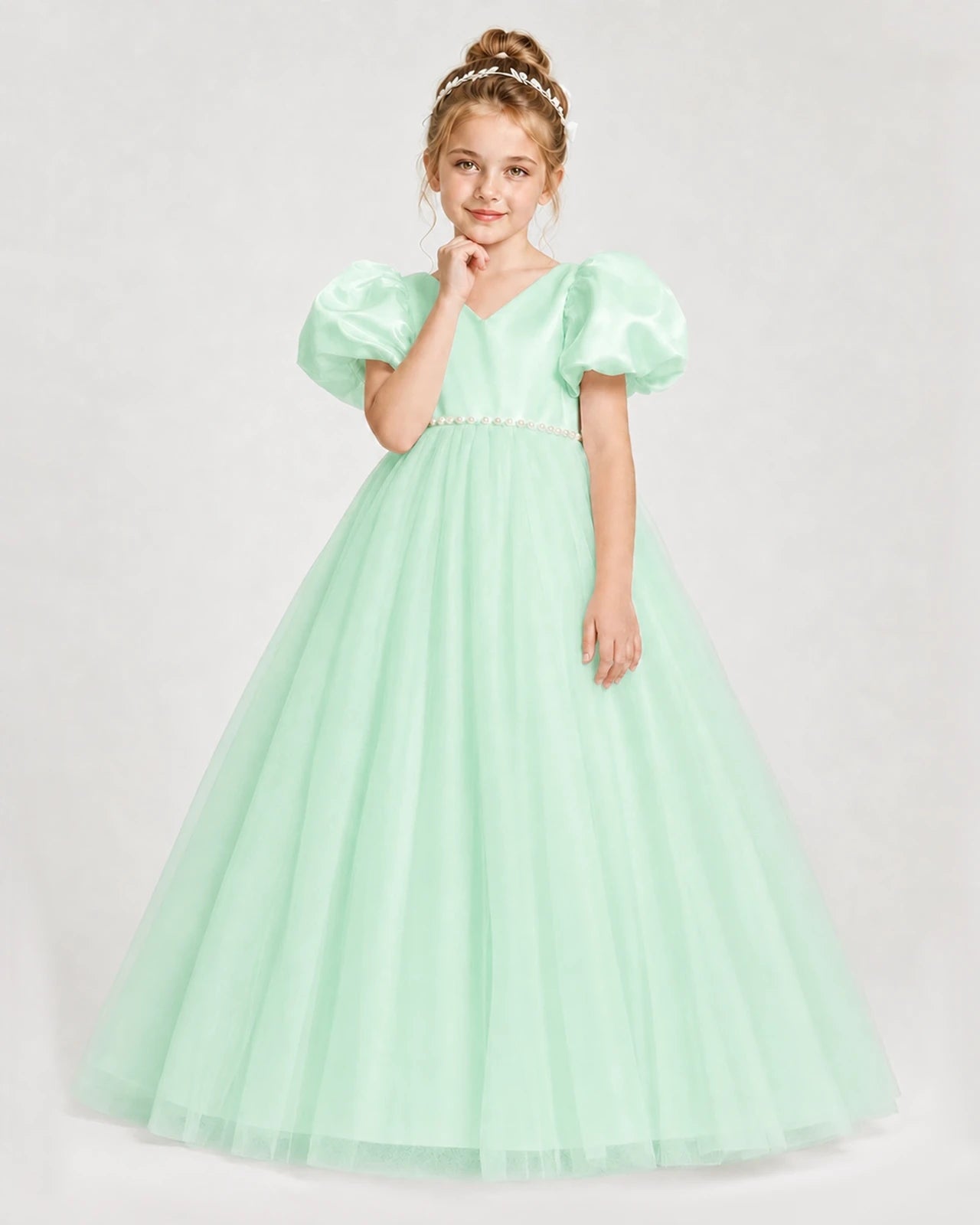 Dideyttawl V-Neck Satin Tulle Girl Formal Dress with Puff Sleeves