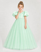 Mint Green Satin and Tulle Puffed Sleeve Girls Formal Dresses Front View