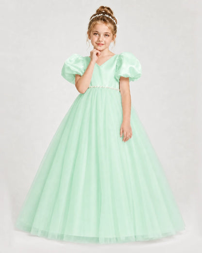 Dideyttawl V-Neck Satin Tulle Girl Formal Dress with Puff Sleeves
