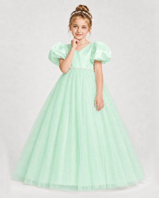 Mint Green Satin and Tulle Puffed Sleeve Girls Formal Dresses Front View