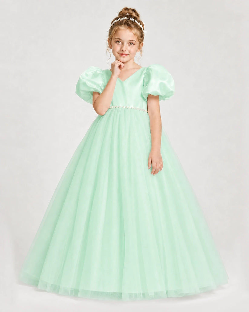 Mint Green Satin and Tulle Puffed Sleeve Girls Formal Dresses Front View