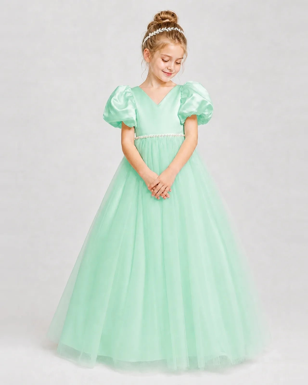 Dideyttawl V-Neck Satin Tulle Girl Formal Dress with Puff Sleeves