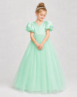 Mint Green Satin and Tulle V-Neck Puff Sleeve Girls Formal Dresses