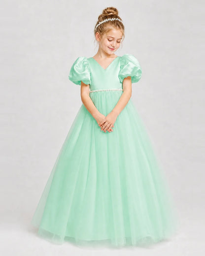 Dideyttawl V-Neck Satin Tulle Girl Formal Dress with Puff Sleeves