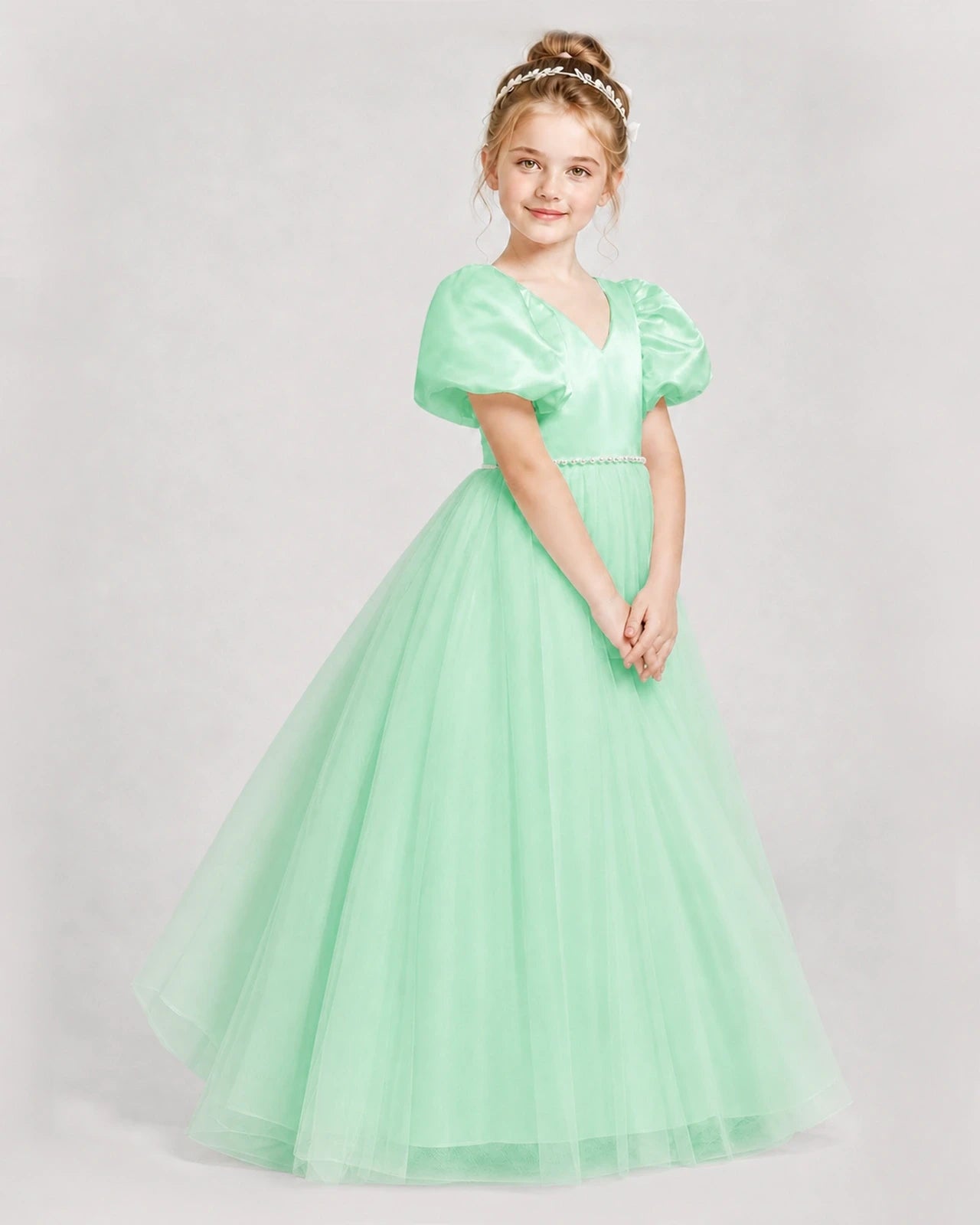 Dideyttawl V-Neck Satin Tulle Girl Formal Dress with Puff Sleeves