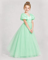 Mint Green Satin And Tulle Puff Sleeve Girls Formal Dresses Side View