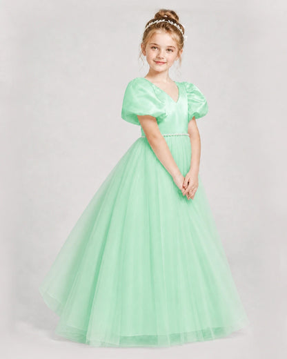 Dideyttawl V-Neck Satin Tulle Girl Formal Dress with Puff Sleeves