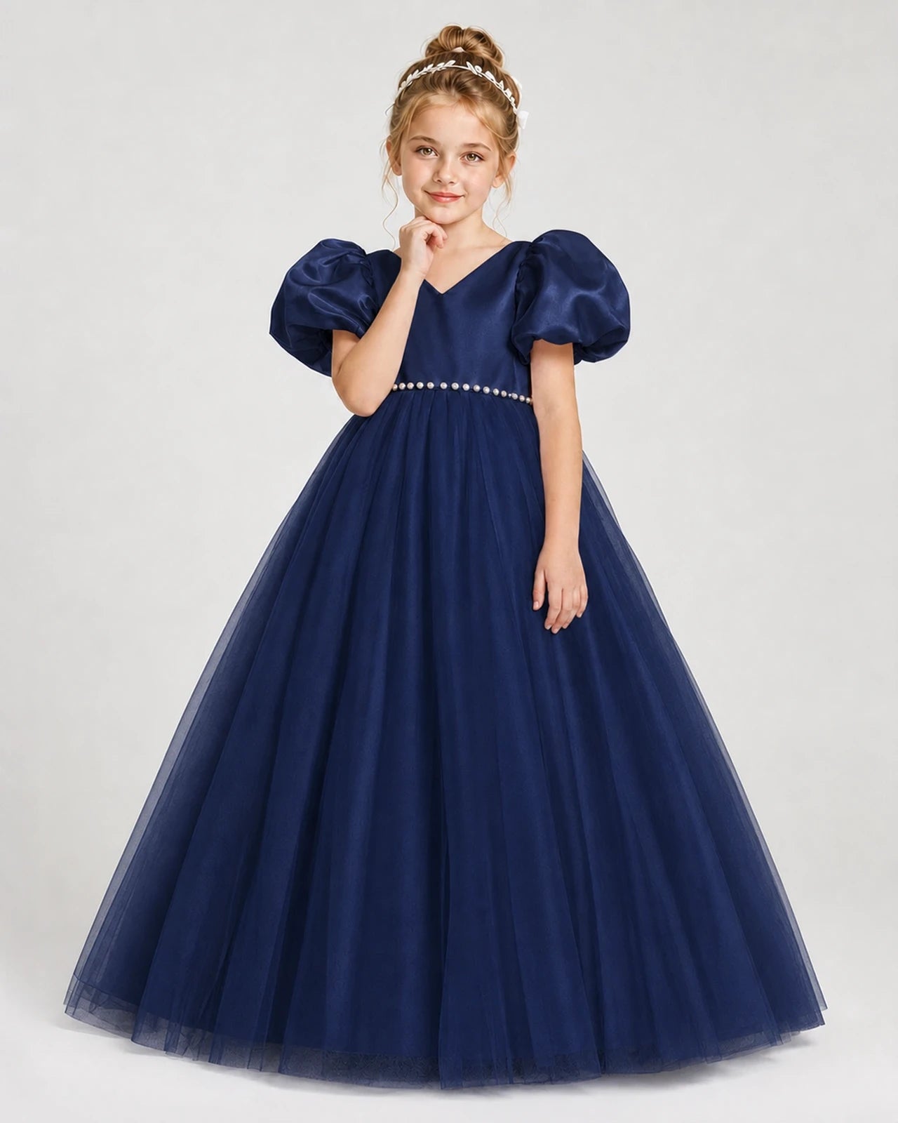 Dideyttawl V-Neck Satin Tulle Girl Formal Dress with Puff Sleeves
