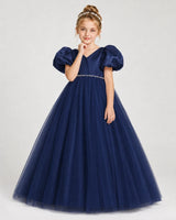 Navy Blue Satin and Tulle Puffed Sleeve A-Line Girls Formal Dresses Front View