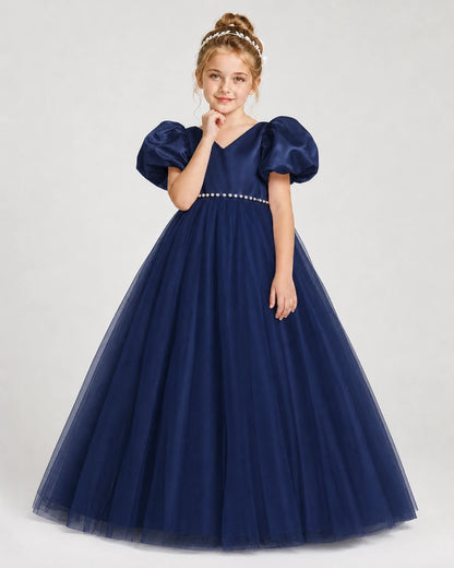 Dideyttawl V-Neck Satin Tulle Girl Formal Dress with Puff Sleeves