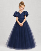 Navy Blue Satin Tulle Puff Sleeve A-Line Girls Formal Dresses