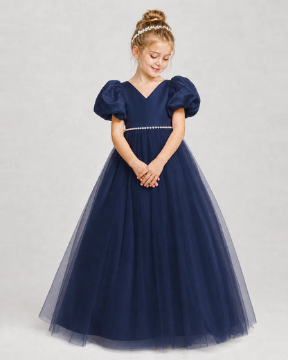 Dideyttawl V-Neck Satin Tulle Girl Formal Dress with Puff Sleeves