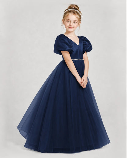 Dideyttawl V-Neck Satin Tulle Girl Formal Dress with Puff Sleeves