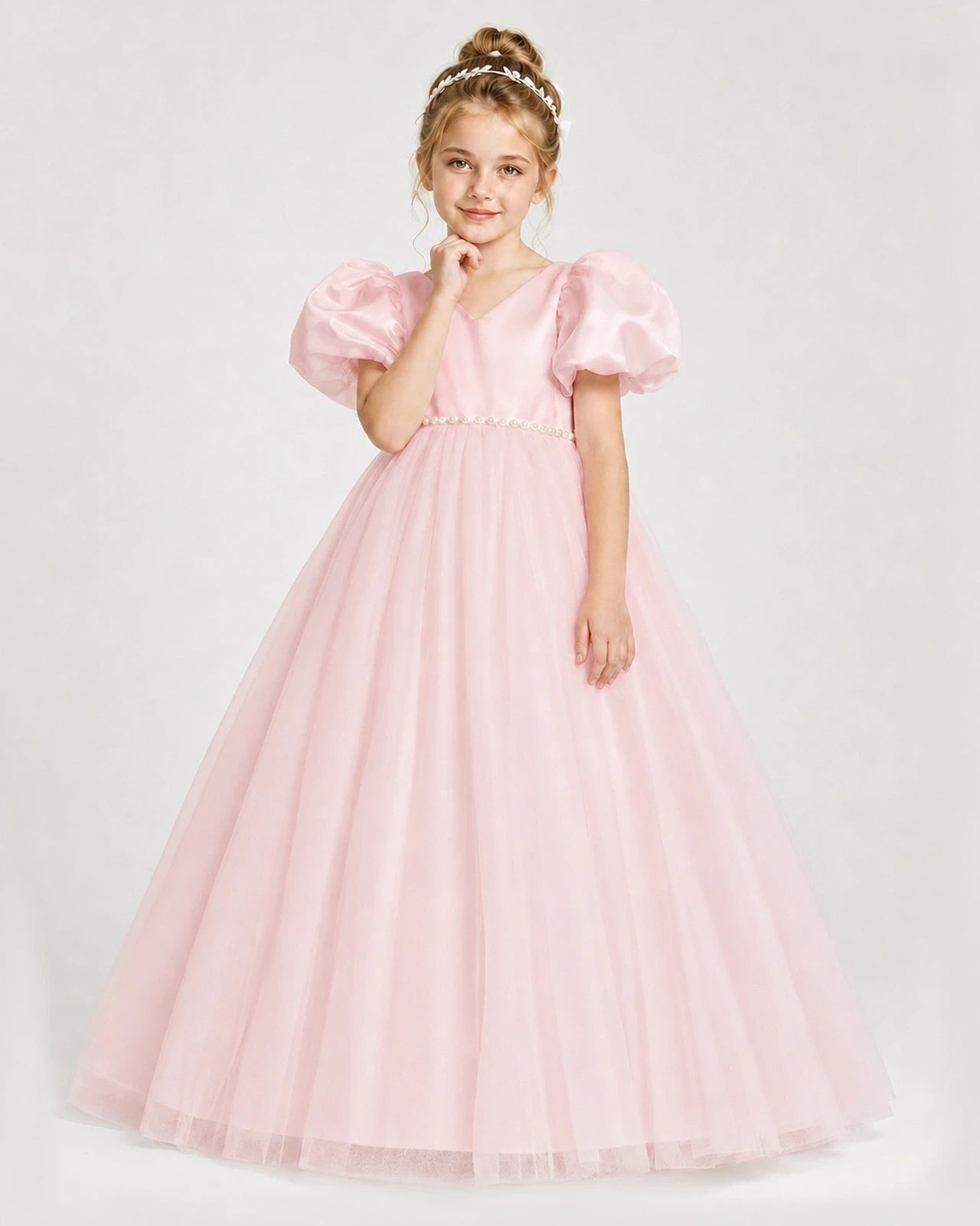 Dideyttawl V-Neck Satin Tulle Girl Formal Dress with Puff Sleeves