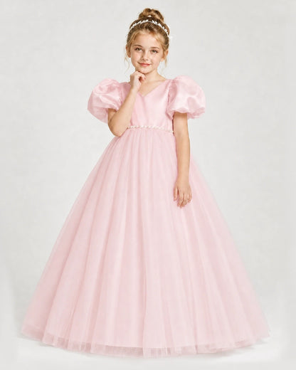 Dideyttawl V-Neck Satin Tulle Girl Formal Dress with Puff Sleeves