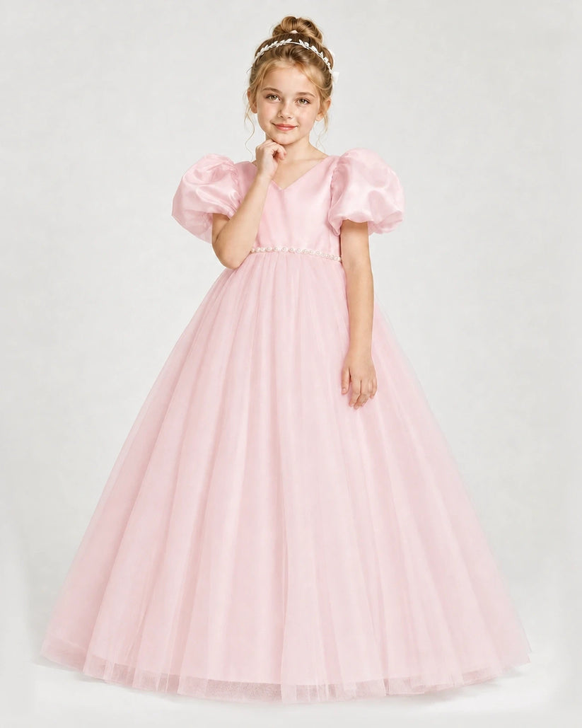 Pink Satin Tulle A-Line Girls Formal Dresses Front View