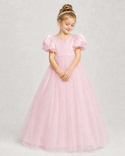 Dideyttawl V-Neck Satin Tulle Girl Formal Dress with Puff Sleeves