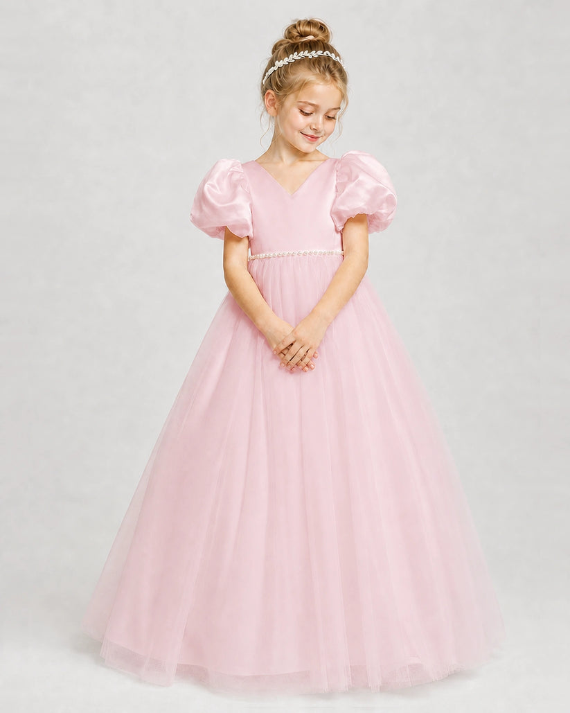 Pink satin and tulle A-line gown Girls Formal Dresses
