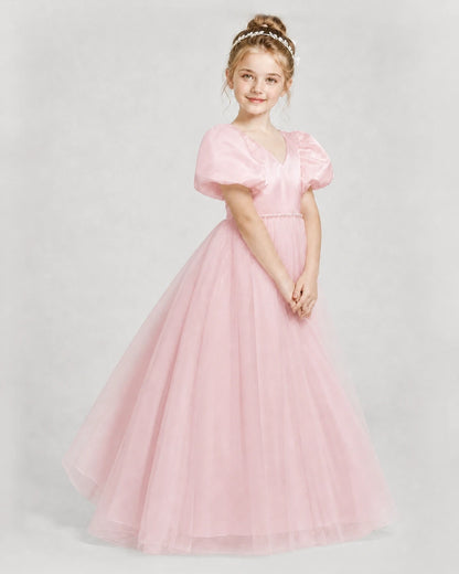 Dideyttawl V-Neck Satin Tulle Girl Formal Dress with Puff Sleeves