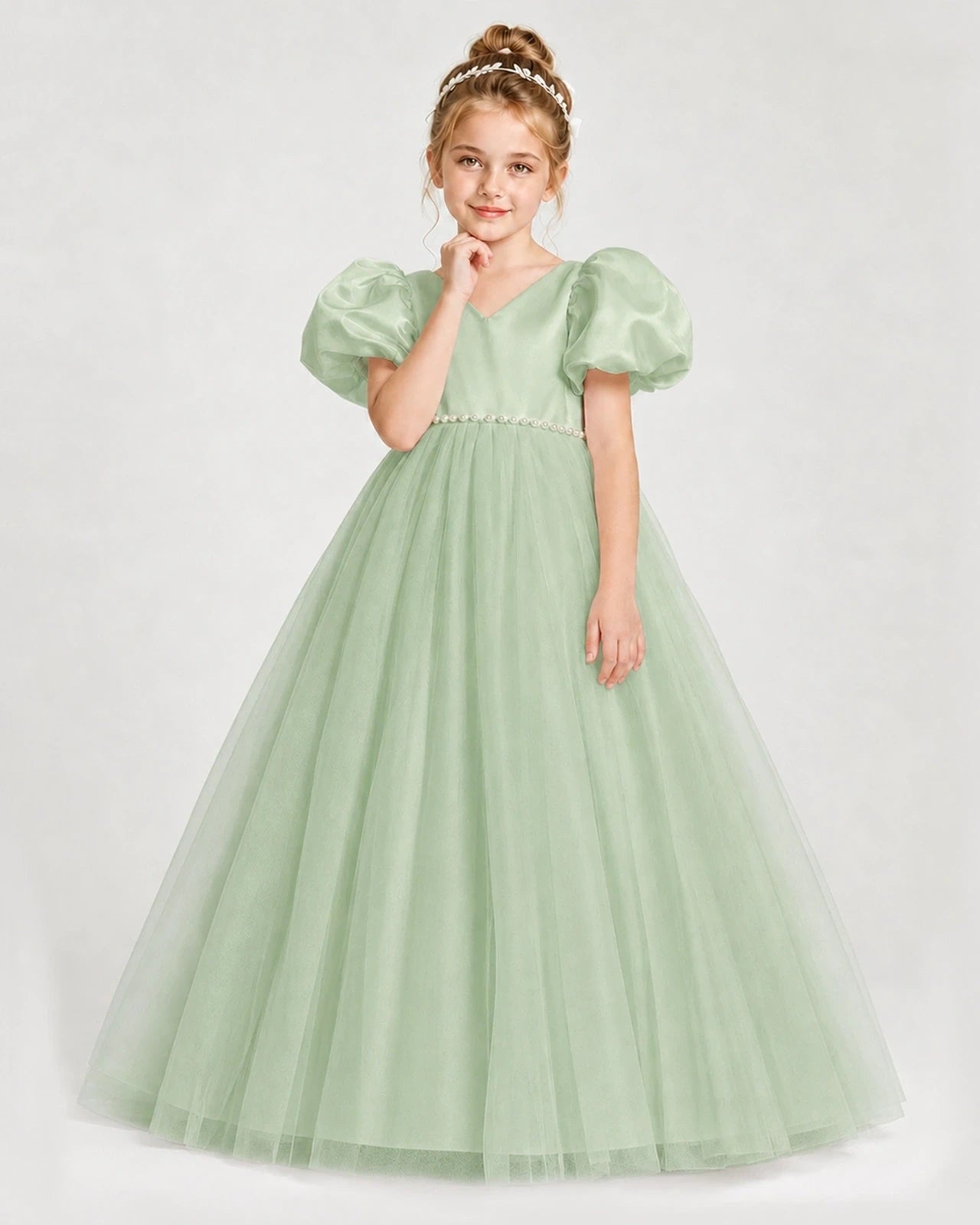 Dideyttawl V-Neck Satin Tulle Girl Formal Dress with Puff Sleeves
