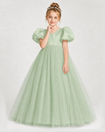 Dideyttawl V-Neck Satin Tulle Girl Formal Dress with Puff Sleeves
