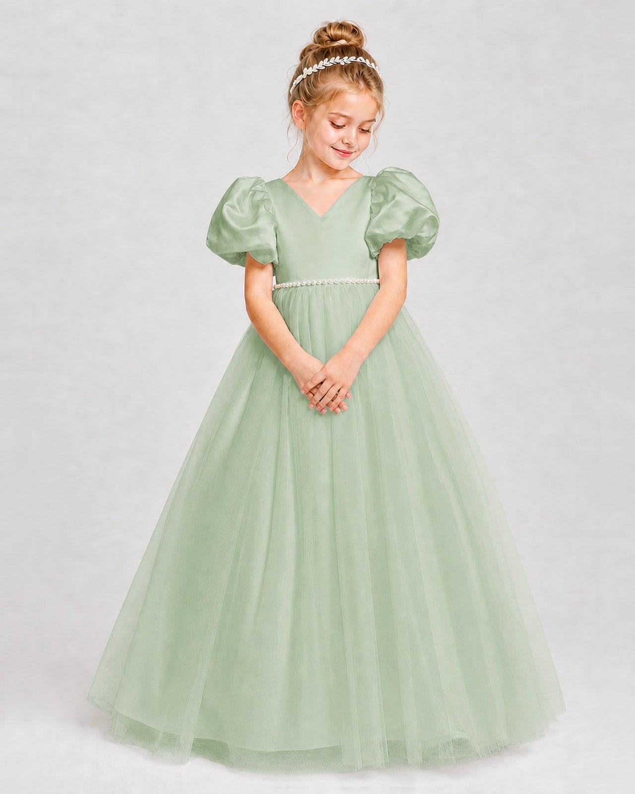 Dideyttawl V-Neck Satin Tulle Girl Formal Dress with Puff Sleeves