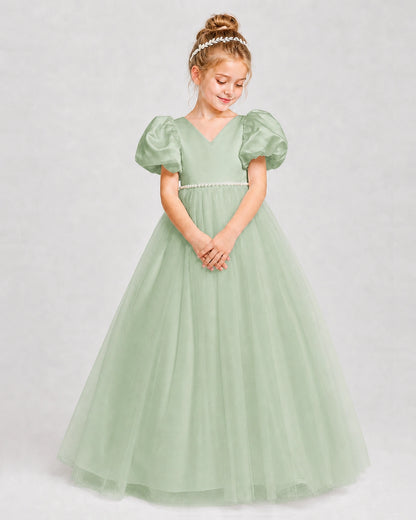 Dideyttawl V-Neck Satin Tulle Girl Formal Dress with Puff Sleeves