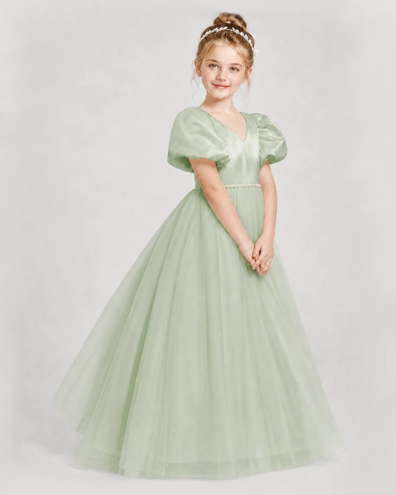 Dideyttawl V-Neck Satin Tulle Girl Formal Dress with Puff Sleeves