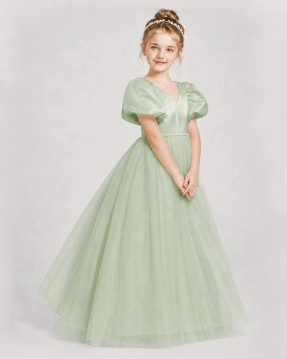 Dideyttawl V-Neck Satin Tulle Girl Formal Dress with Puff Sleeves