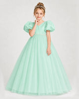 Turquoise Satin Tulle Puff Sleeve Girls Formal Dresses Front View