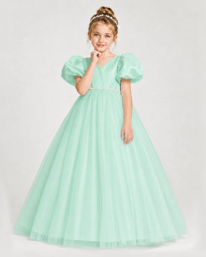 Dideyttawl V-Neck Satin Tulle Girl Formal Dress with Puff Sleeves