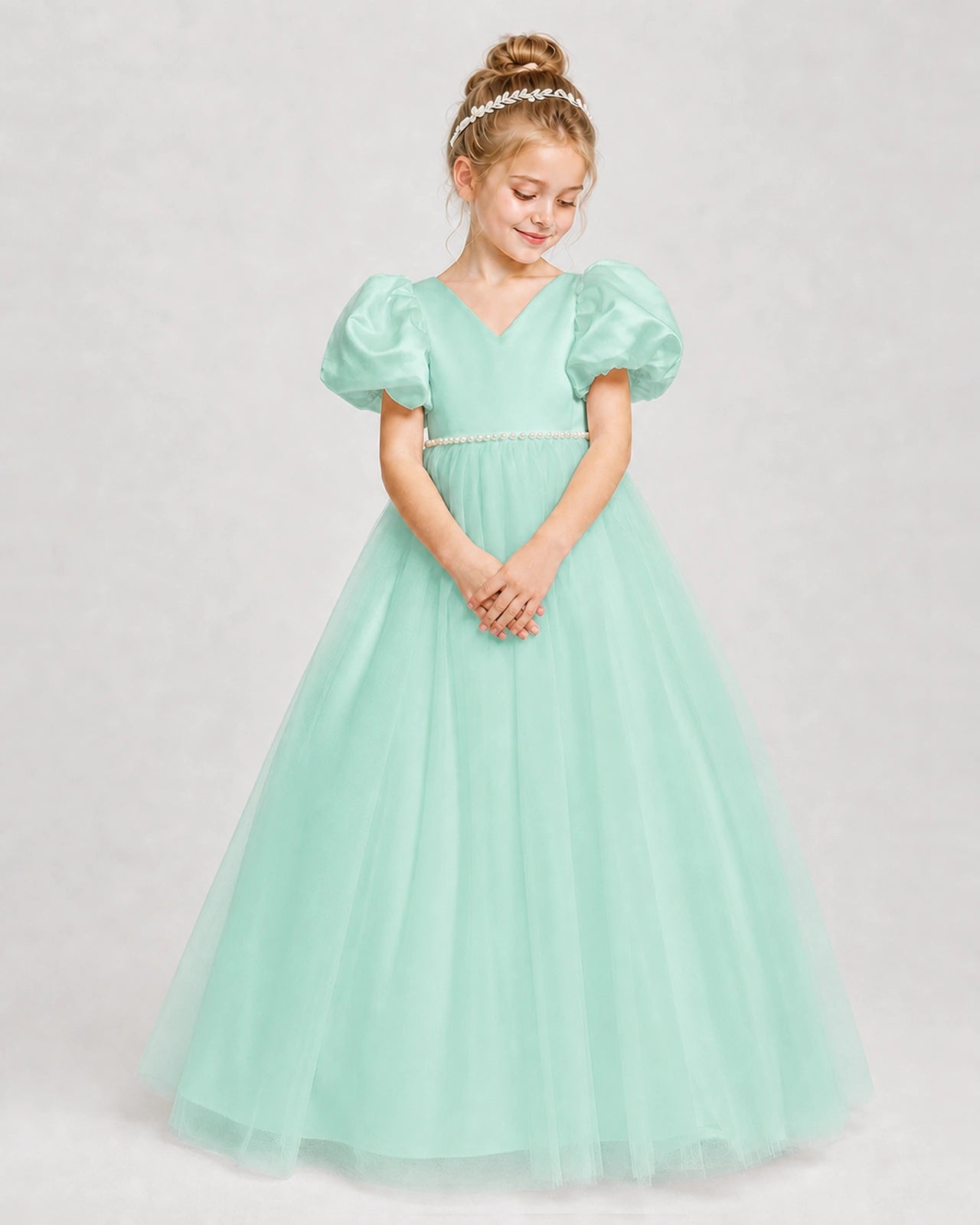 Dideyttawl V-Neck Satin Tulle Girl Formal Dress with Puff Sleeves