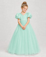 Turquoise satin and tulle puff sleeve ball gown girls formal dress