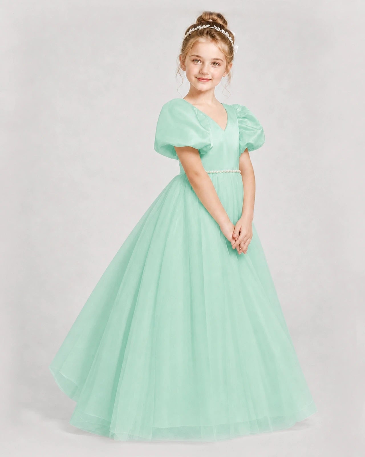 Dideyttawl V-Neck Satin Tulle Girl Formal Dress with Puff Sleeves