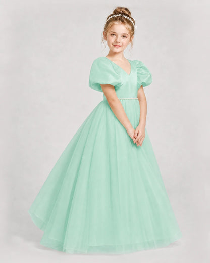Dideyttawl V-Neck Satin Tulle Girl Formal Dress with Puff Sleeves