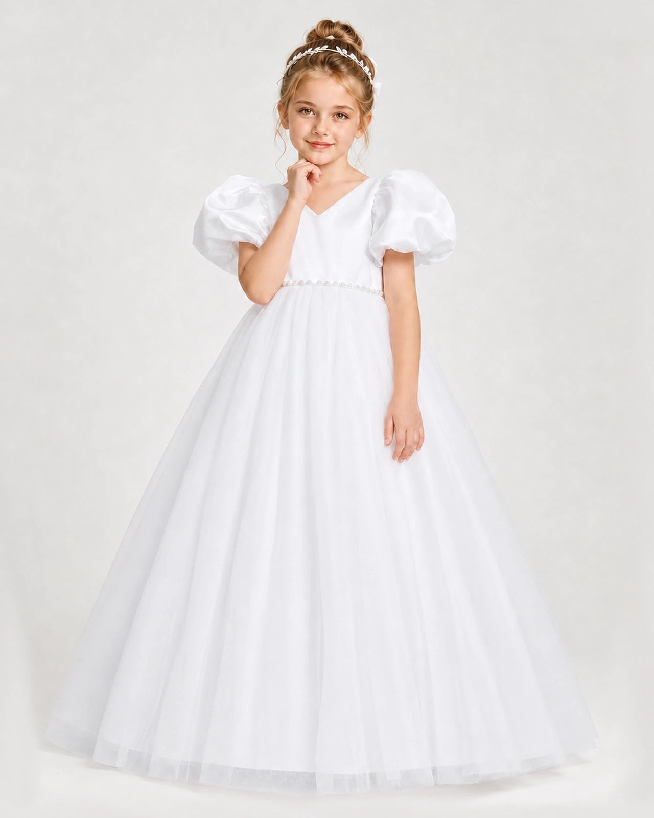 Dideyttawl V-Neck Satin Tulle Girl Formal Dress with Puff Sleeves