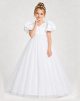 White Satin and Tulle Puffed Sleeve A-Line Girls Formal Dresses Front View